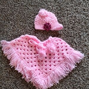 Infant Girl Homemade Crocheted Poncho and Hat